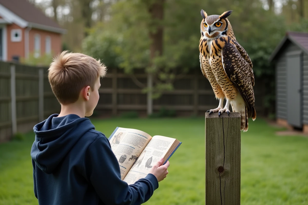 Adolescent observant un hibou dans le jardin