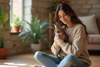 Femme adoptant un jeune chat tigré dans un appartement lyonnais aux murs en pierre