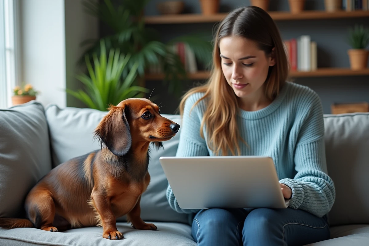 Jeune femme recherchant une annonce d'adoption de teckel Kaninchen en ligne depuis son appartement