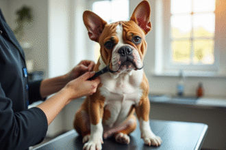 American Bulldog en toilettage dans un salon lumineux