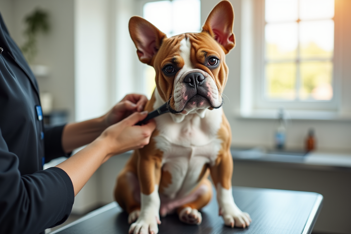 American Bulldog en toilettage dans un salon lumineux
