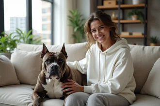 Femme en appartement avec son American Bully Exotic posé calmement sur le canapé dans un salon moderne