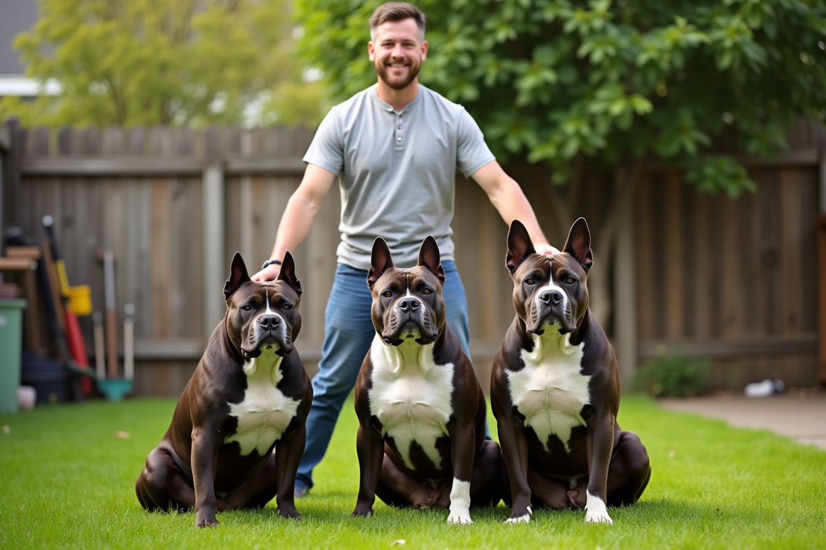 Trois American Bully de tailles différentes avec un homme dans un jardin