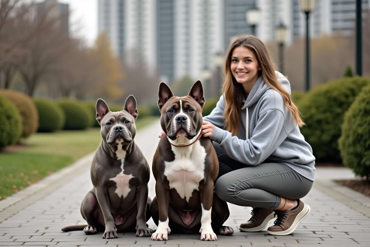 Jeune femme avec American Bully dans un parc urbain