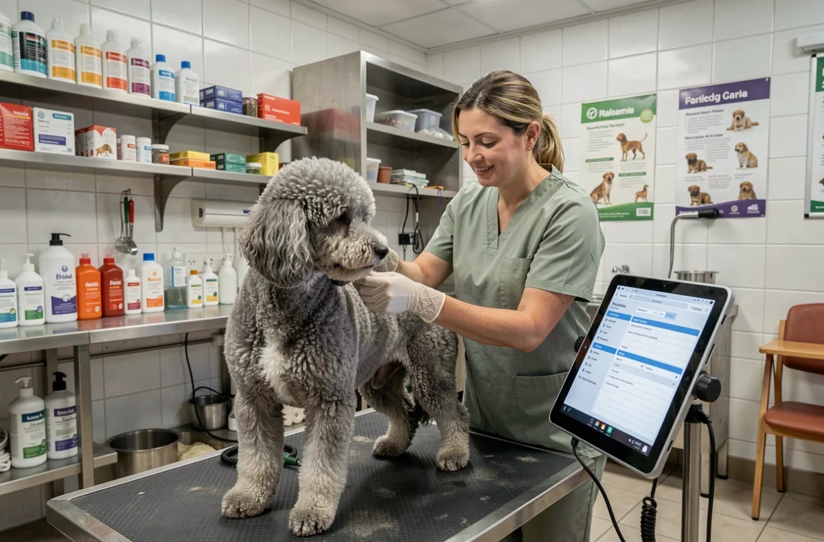 Toiletteuse d'Animal Protect à Balma examinant le pelage d'un caniche standard sur une table de soins professionnelle
