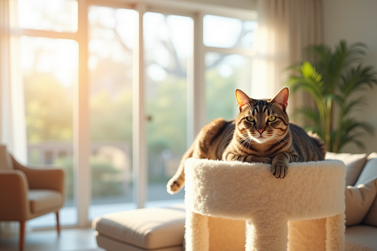 Chat tacheté relaxe sur arbre à chat beige lumineux