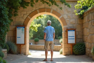Homme regardant l'affiche à l'entrée de l'Arche de Méo