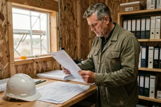Artisan du bâtiment examinant un contrat d'assurance décennale dans un bureau de chantier