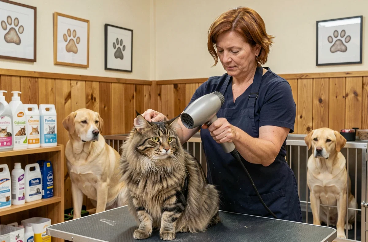 Toiletteuse du salon Aux 6 Os d'Or à Toulouse séchant un chat Maine Coon avec un labrador en attente en arrière-plan
