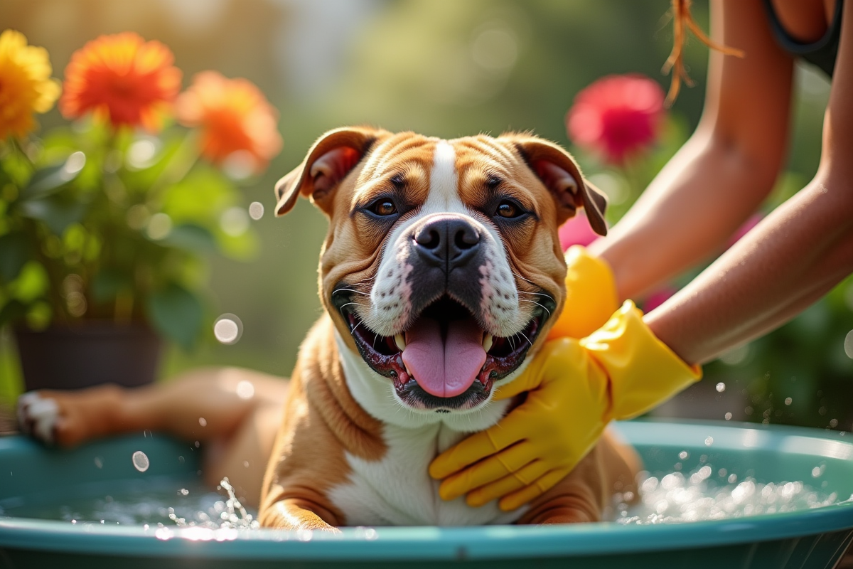 American Bulldog en bain extérieur avec son propriétaire