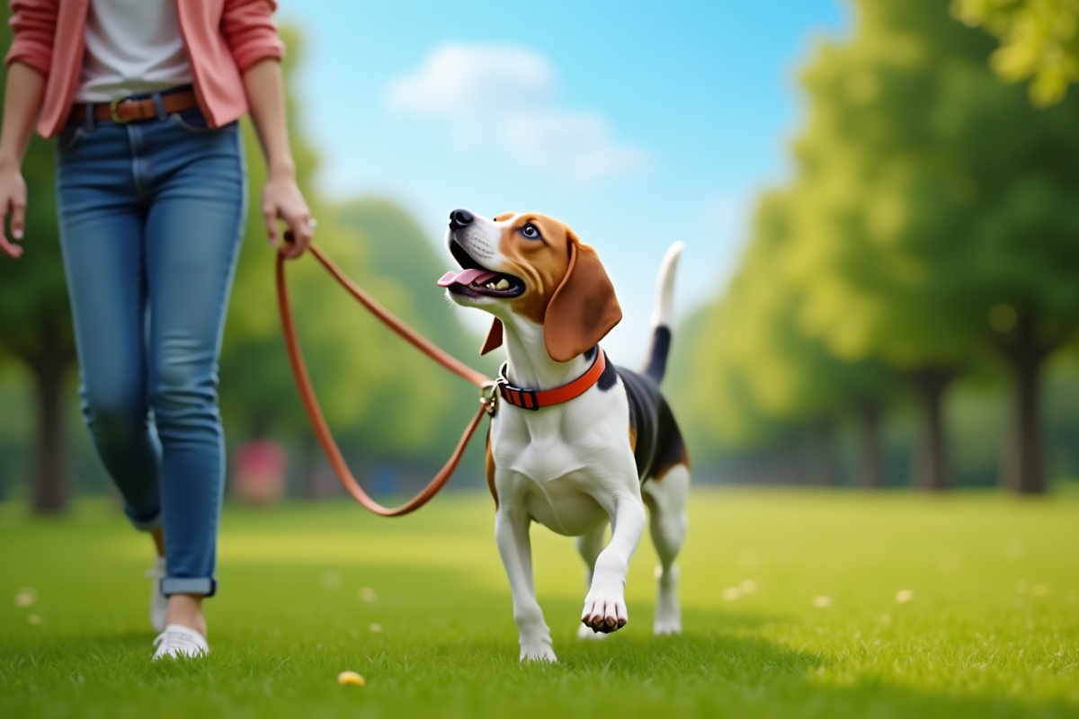 Chien beagle adulte en promenade dans un parc vert