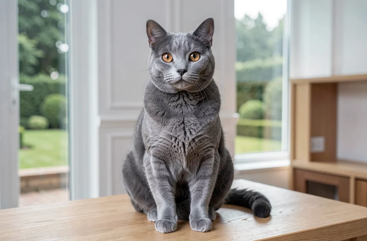 British Shorthair bleu aux yeux cuivrés en posture digne sur un meuble en chêne clair dans l'espace épuré et moderne de la chatterie Belaircat