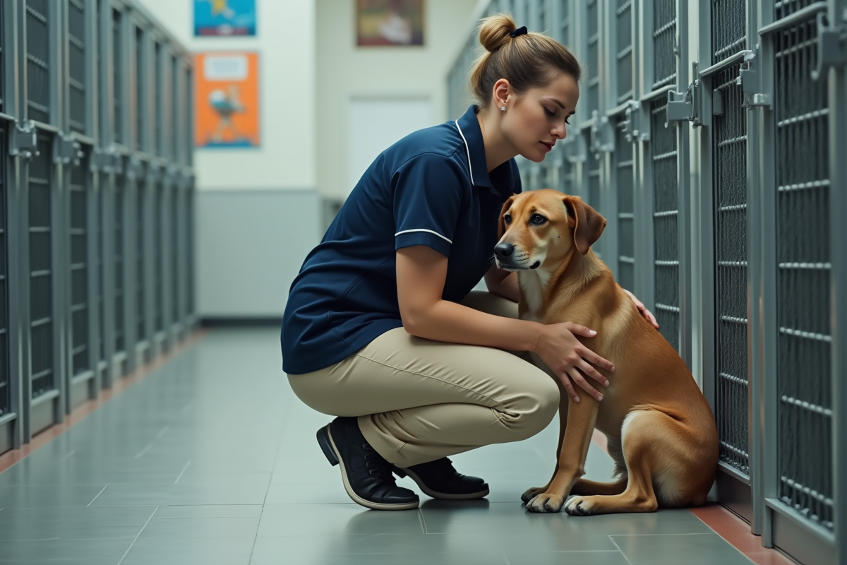 Assistante SPCA caressant un chien dans un refuge