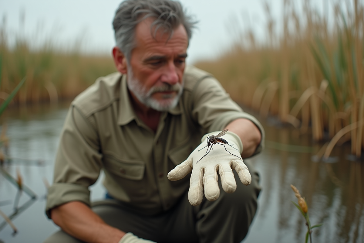 Biologiste en nature observant un moustique sur sa main
