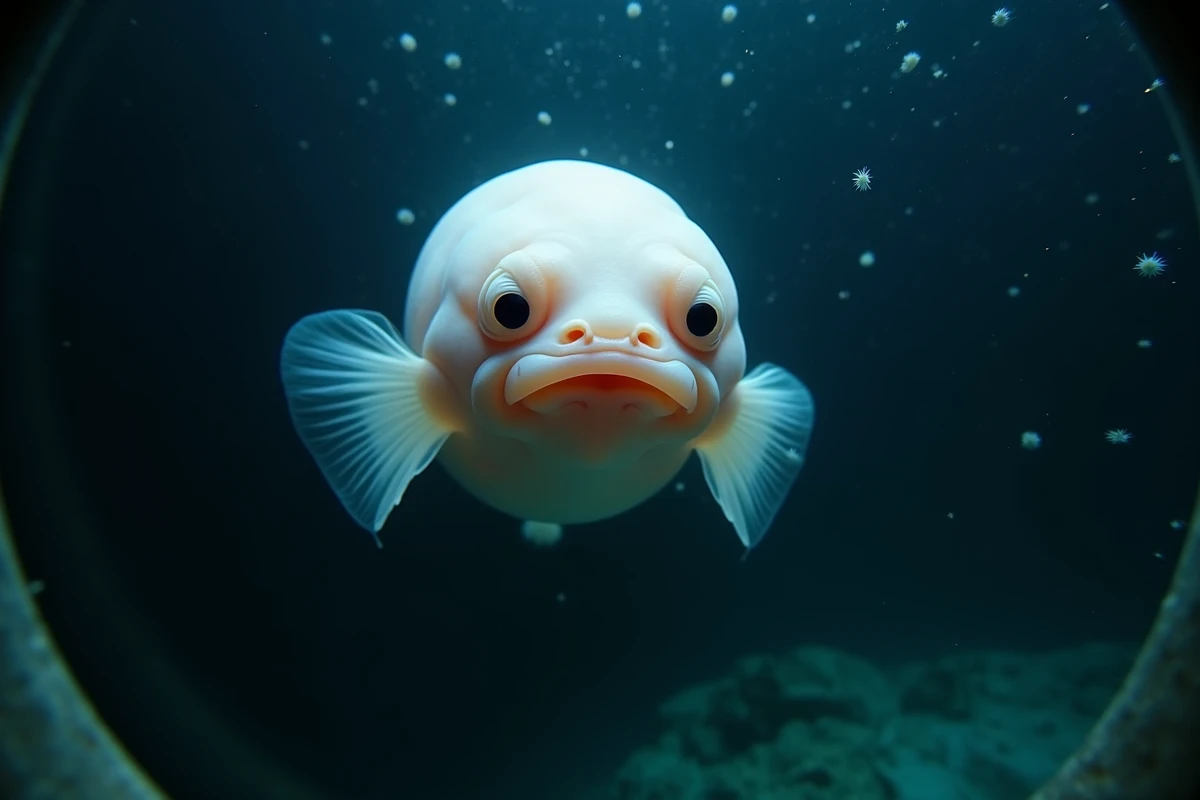 Blobfish photographié en profondeur depuis un hublot de sous-marin de recherche, poisson rare et gélatineux des abysses