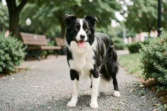 Border Collie noir et blanc à poil court debout dans un parc urbain, regard attentif et posture énergique