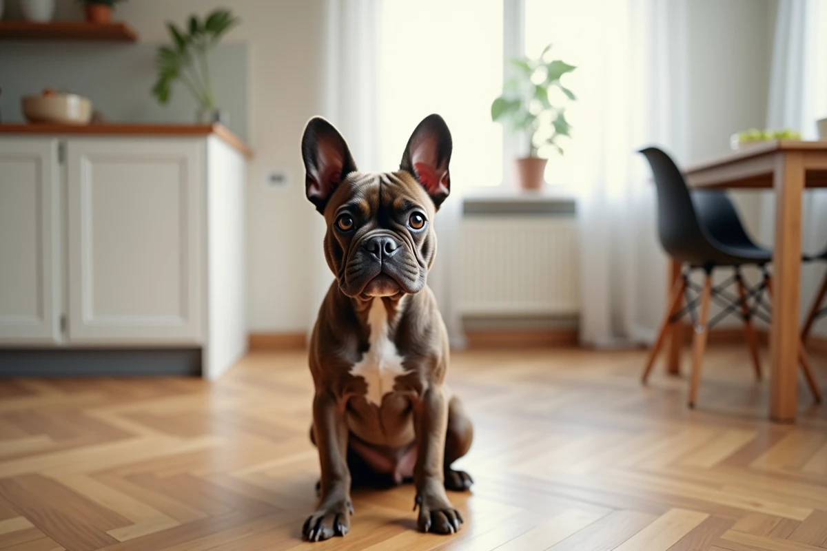 Bouledogue français à poil court assis dans un appartement minimaliste, petite race de chien adaptée à la vie en intérieur