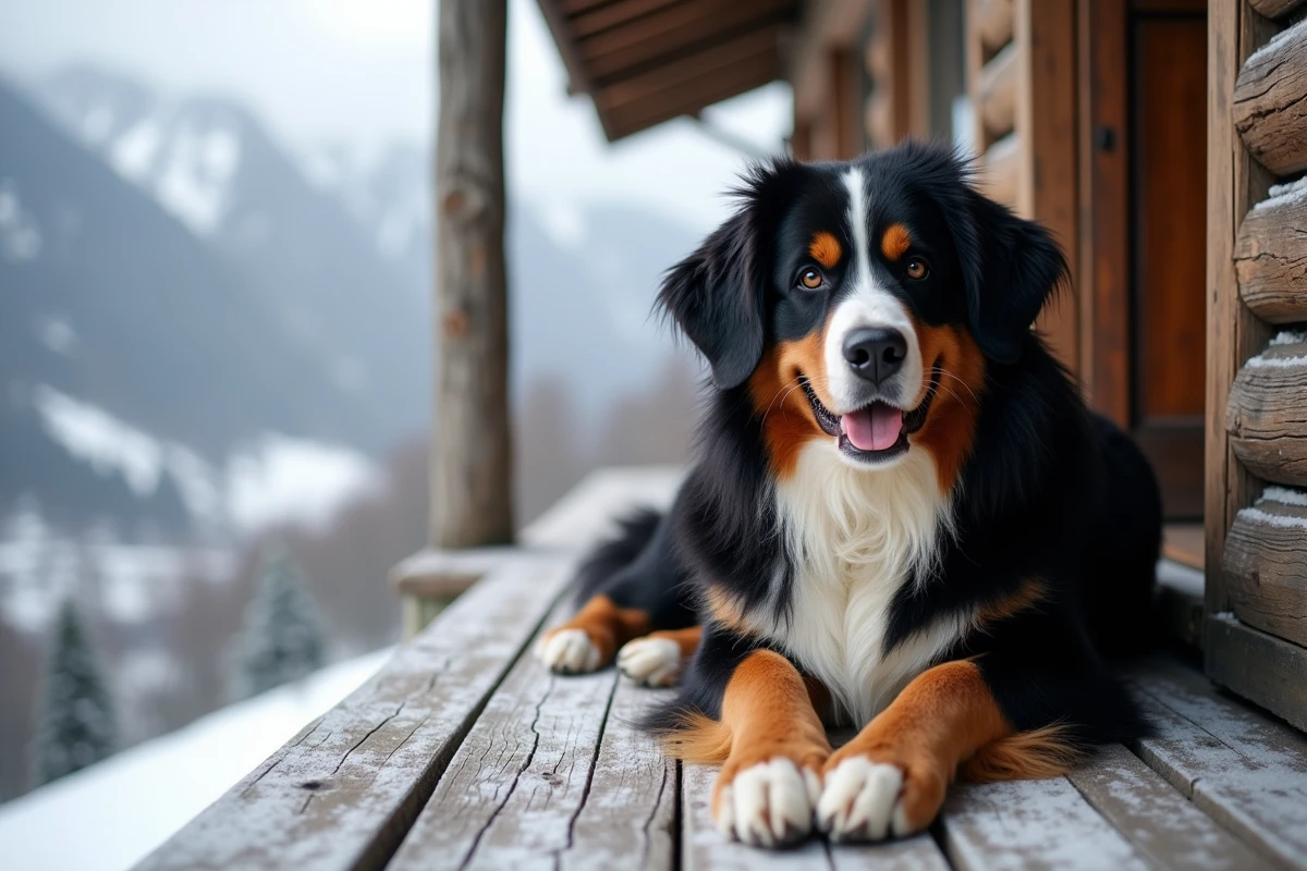 Bouvier bernois au pelage long et tricolore allongé sur le porche enneigé d'un chalet alpin, chien de montagne résistant au froid