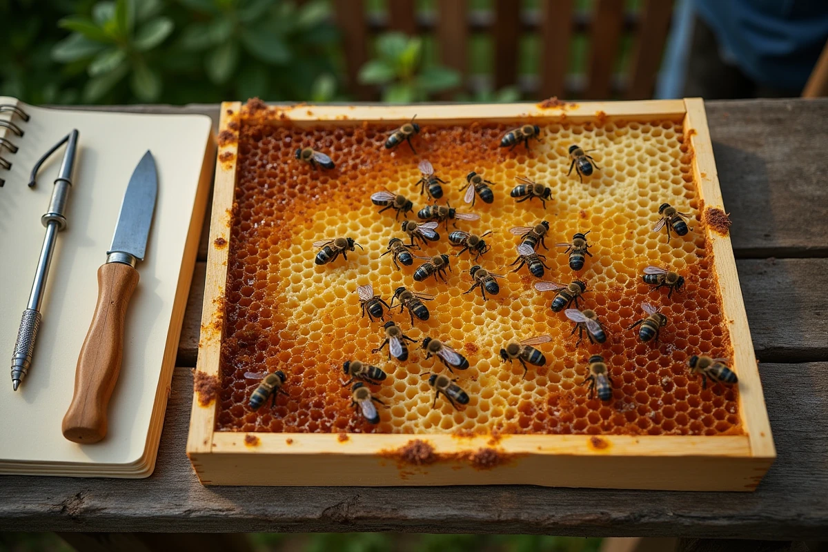 Cadre de ruche endommagé avec abeilles mortes posé sur un établi d'apiculteur en plein air