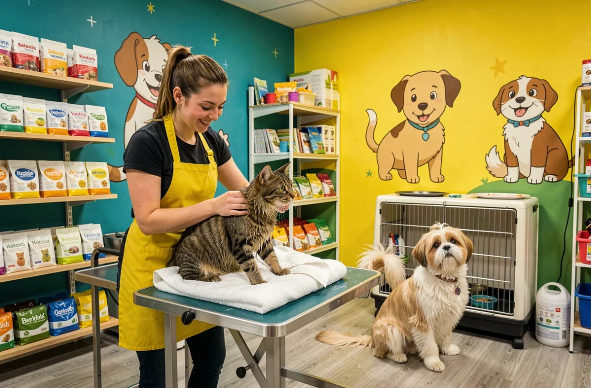 Toiletteuse de Cani'Cat à Toulouse s'occupant d'un chat tabby en serviette et d'un shih tzu en cage de séchage