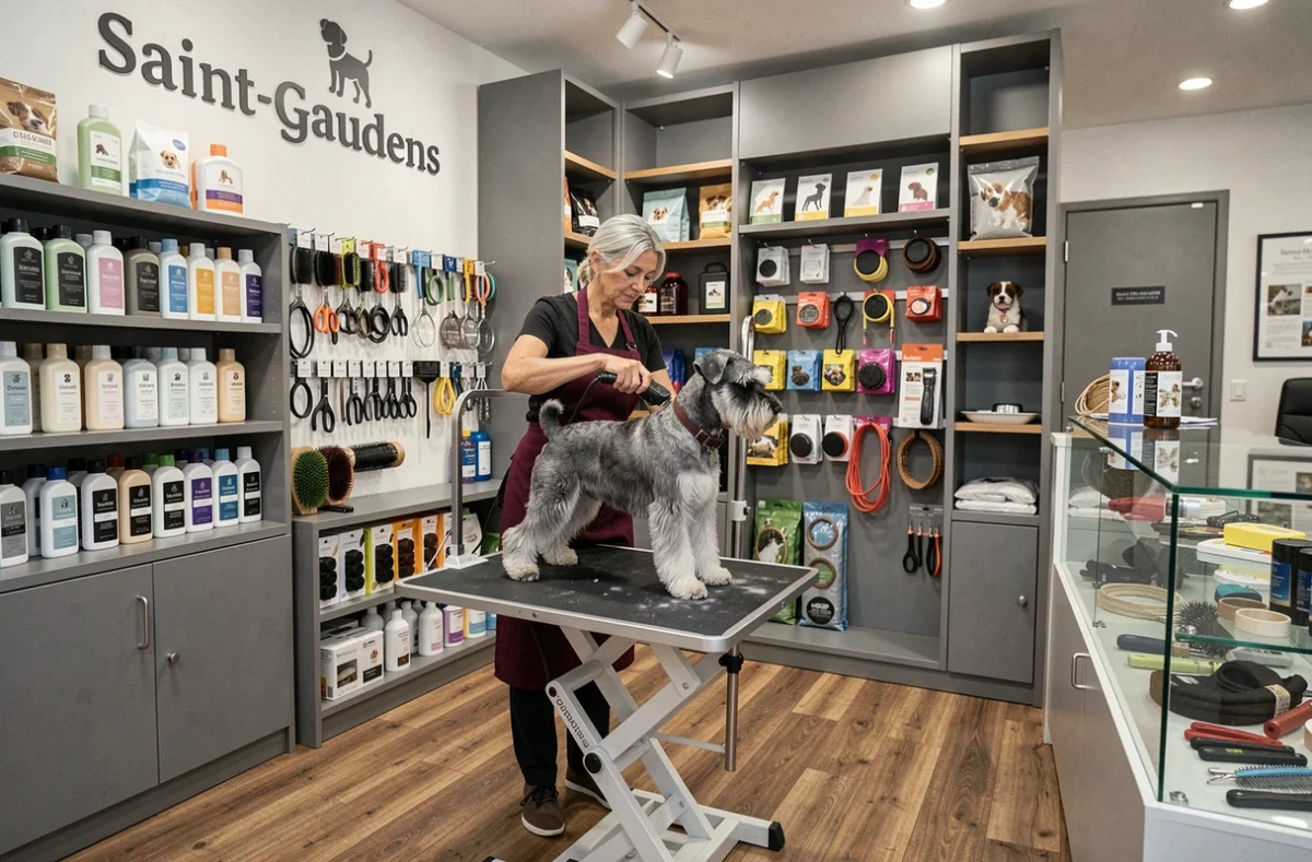 Toiletteuse de Canin Boutique à Saint-Gaudens tondant un schnauzer dans un salon boutique bien achalandé en produits canins