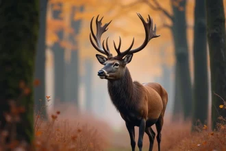 Cerf élaphe bramant en lisière d'une forêt française en automne, bois impressionnants et vapeur visible dans l'air frais du matin