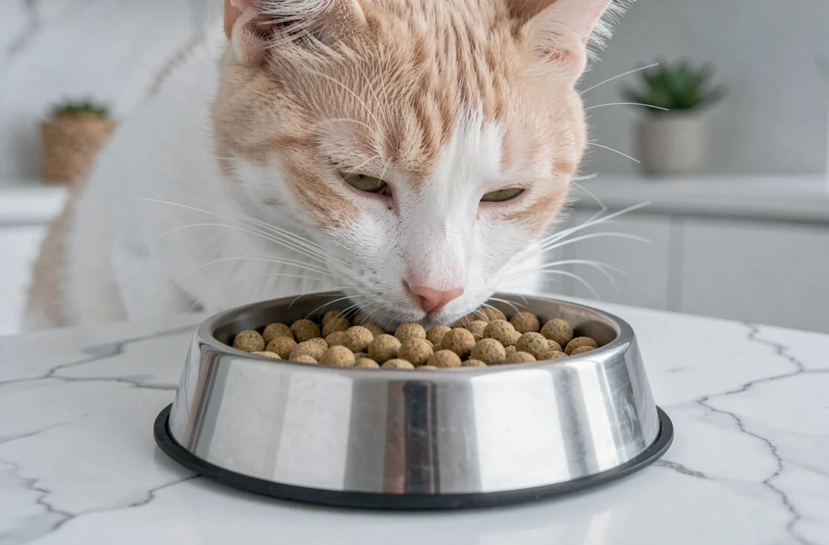 Chat d'un an reniflant des croquettes dans une gamelle en inox sur un comptoir de cuisine en marbre blanc