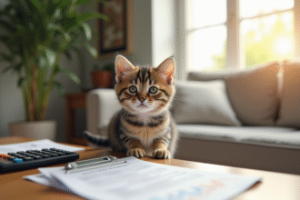 Jeune chat assis sur une table de salon moderne avec documents d'assurance