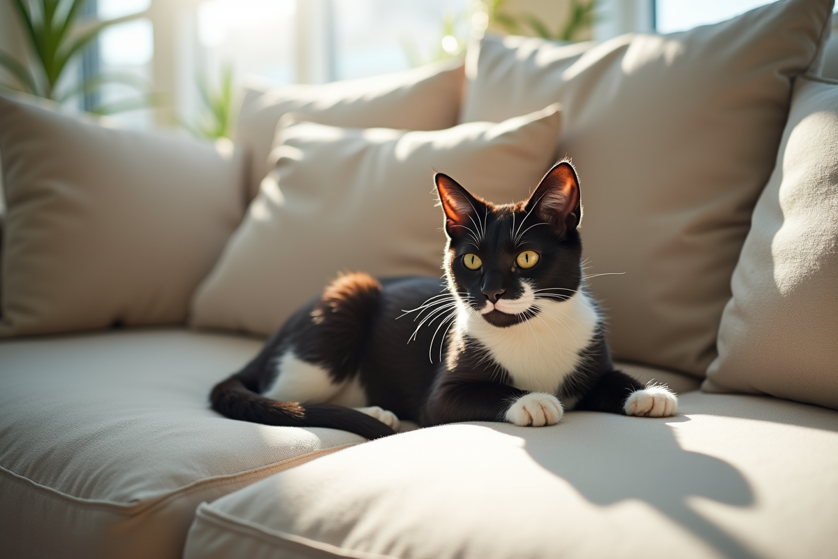 Chat noir et blanc allongé sur un canapé lumineux