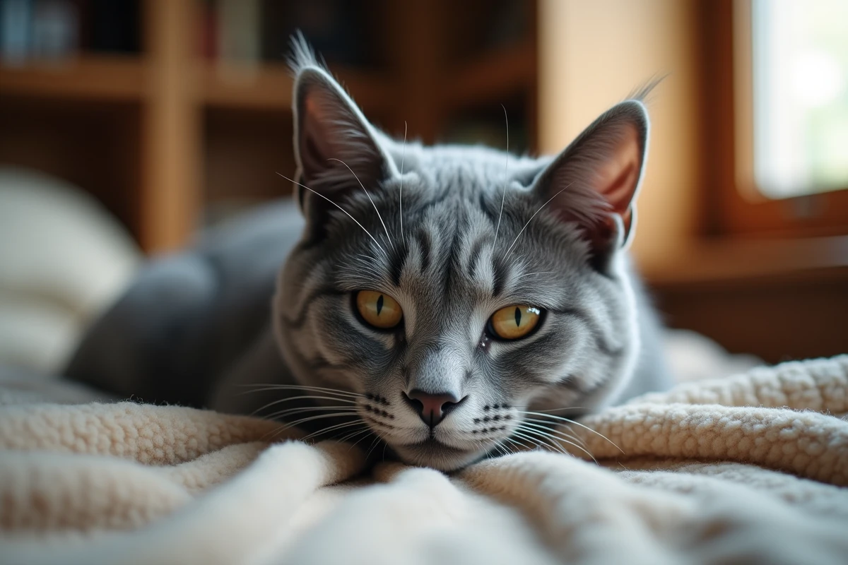 Chat gris portant un collier elizabethain en récupération d'un ulcère oculaire avec cornée trouble visible en gros plan