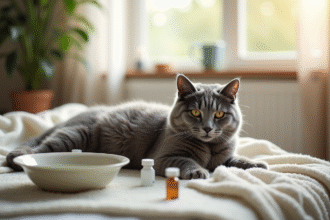 Chat gris reposant sur une couverture douce avec eau et médicaments