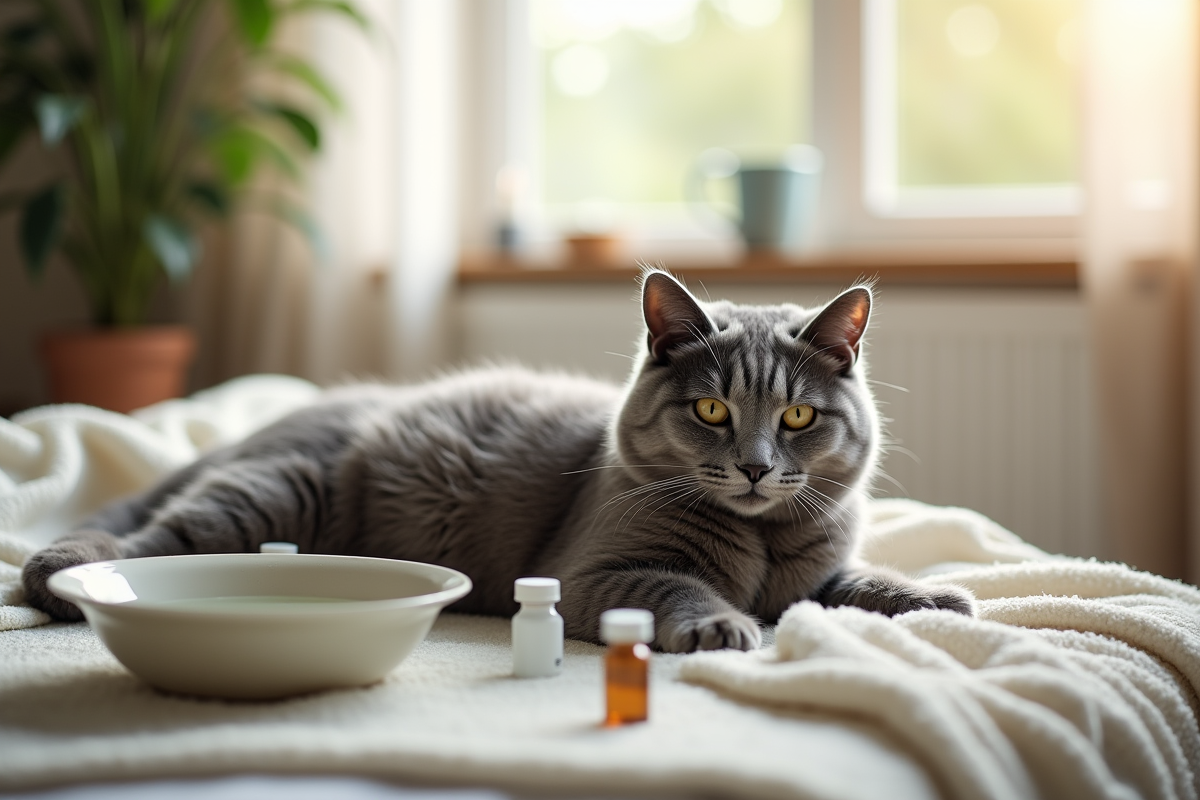 Chat gris reposant sur une couverture douce avec eau et médicaments