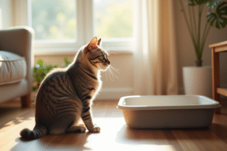 Chat inquiet près d'une litière propre à l'intérieur