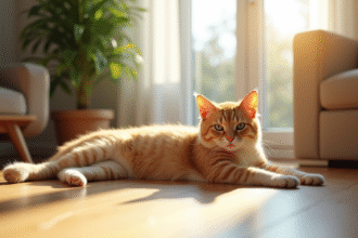 Chat détendu sur un sol en bois lumineux dans un salon moderne