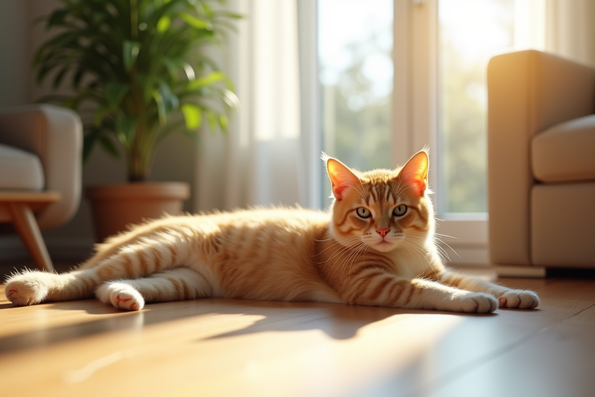 Chat détendu sur un sol en bois lumineux dans un salon moderne