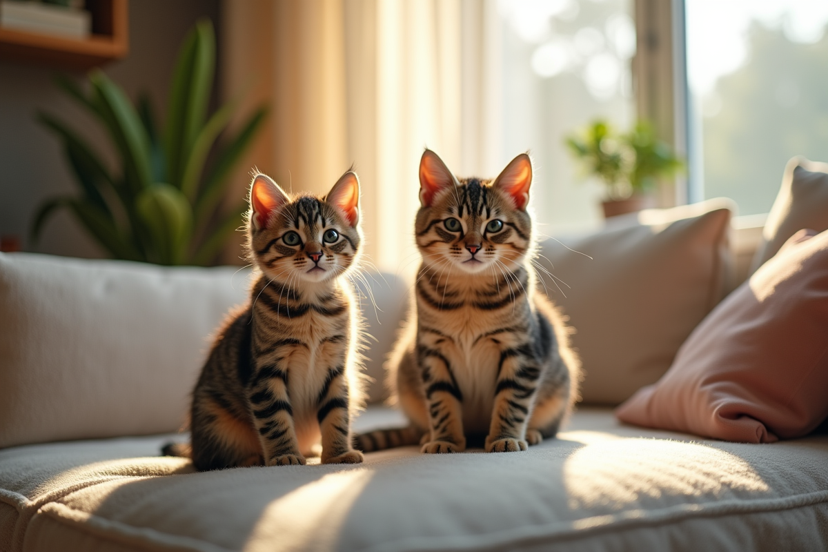 Chat nain et chat normal regardant la caméra dans un salon lumineux