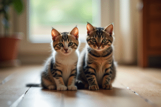 Chat nain et chat normal côte à côte sur un sol en bois