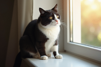 Chat noir et blanc sur une fenêtre ensoleillée