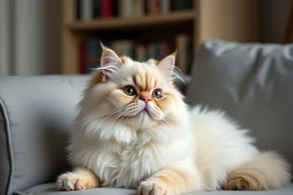Chat persan poils longs au pelage crème reposant sur un canapé gris dans un appartement moderne