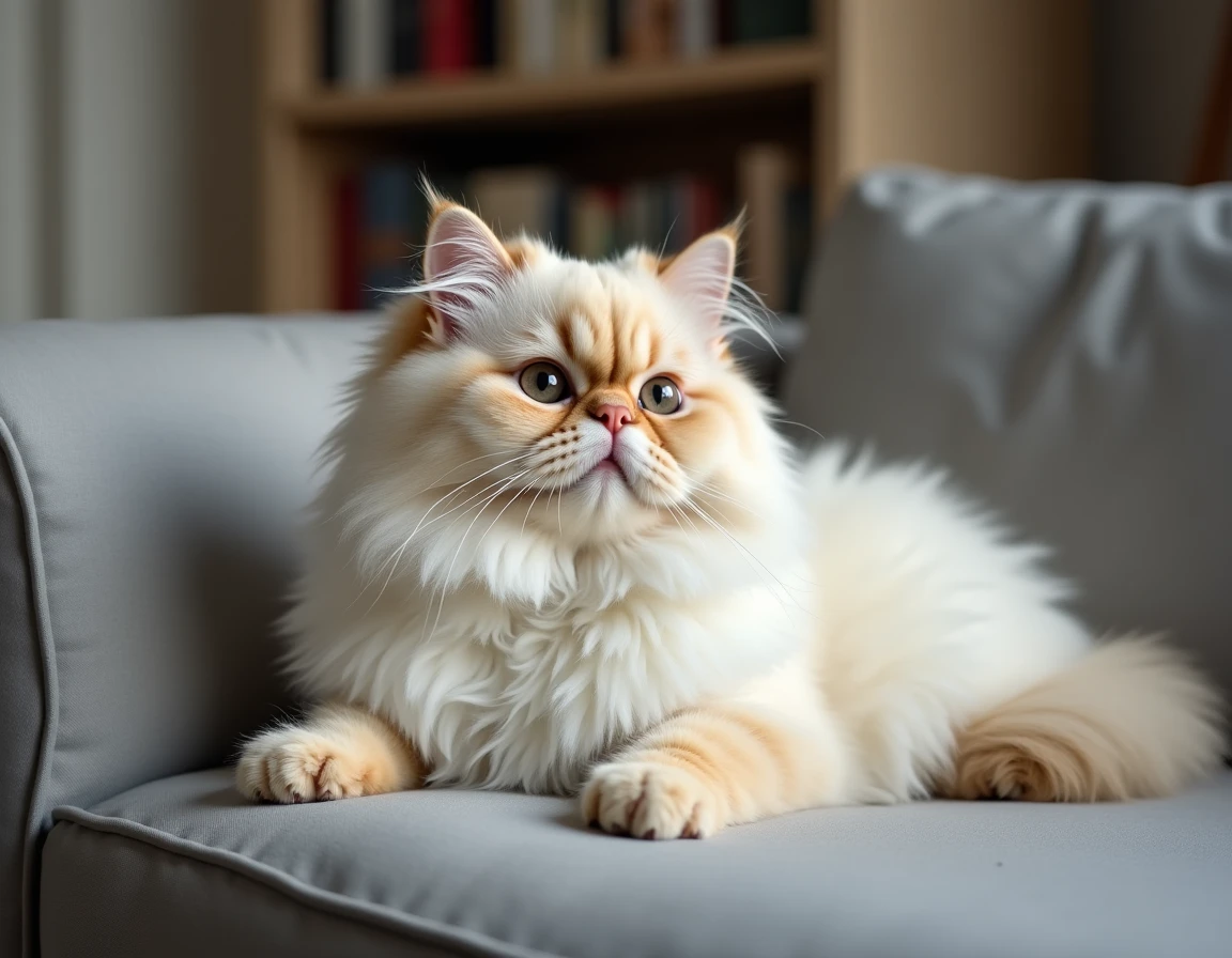 Chat persan poils longs au pelage crème reposant sur un canapé gris dans un appartement moderne