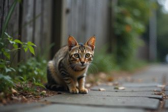 Chat tabby craintif dans une ruelle abandonnée