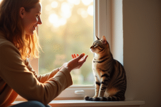 Chat tigré sur le rebord de fenêtre dans un salon lumineux