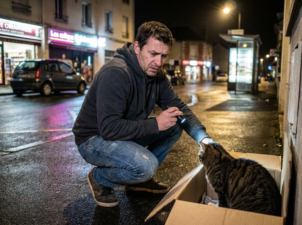 Homme inquiet accroupi sur un trottoir nocturne avec son chat dans un transporteur avant une urgence vétérinaire