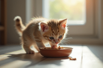 Chaton curieux mangeant dans un bol sur le sol