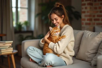 Femme tenant un chaton roux affectueux contre elle sur un canapé en lin, illustrant le caractère pot de colle du chaton roux