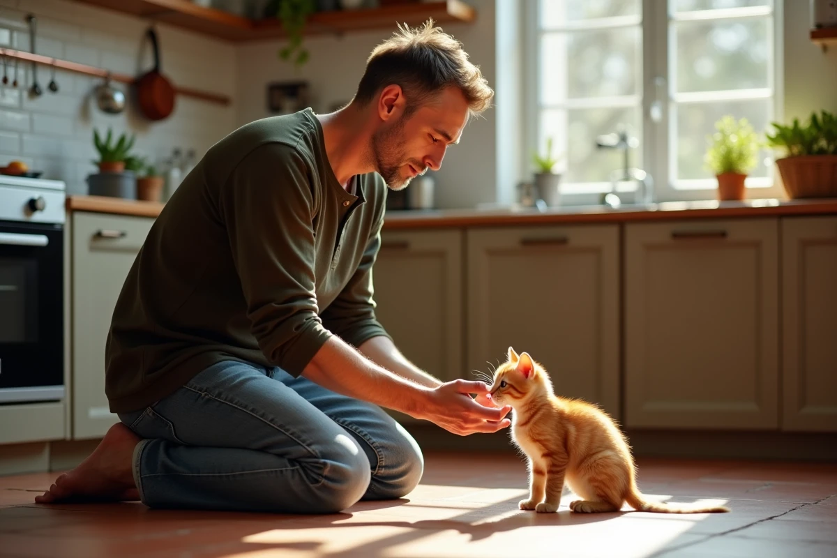 Homme accroupi tendant la main vers un chaton roux méfiant sur un carrelage de cuisine, montrant le processus d'apprivoisement du caractère du chaton roux