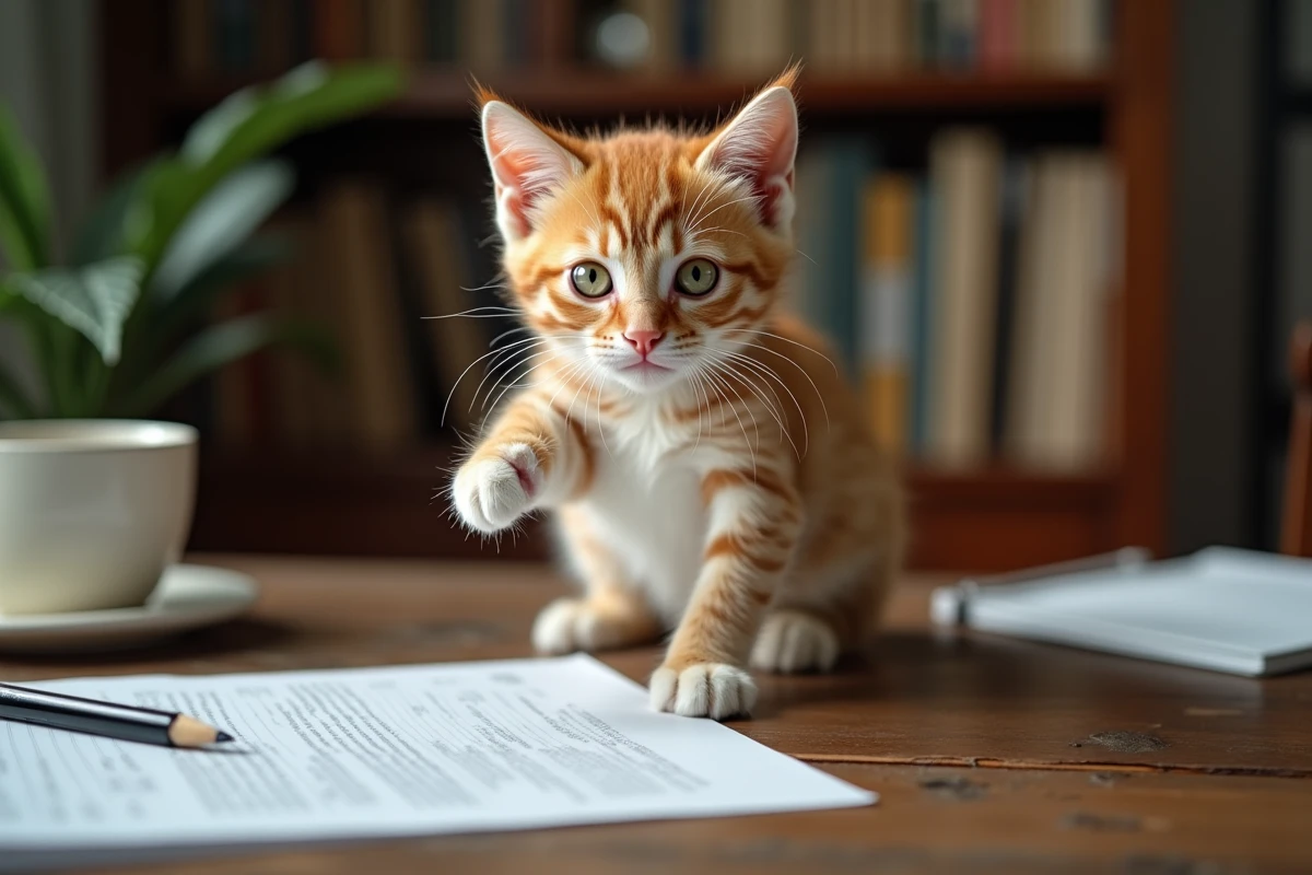Chaton roux espiègle juché sur un bureau en bois avec un regard vif, illustrant le caractère joueur et indépendant du chaton roux