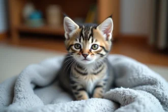 Jeune chaton tabby curieux sur un plaid gris clair