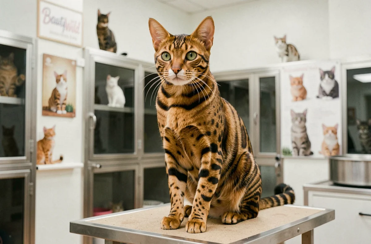 Chat Bengal aux rosettes marquées posé sur une table de toilettage dans la chatterie Beauty Wild, yeux dorés expressifs