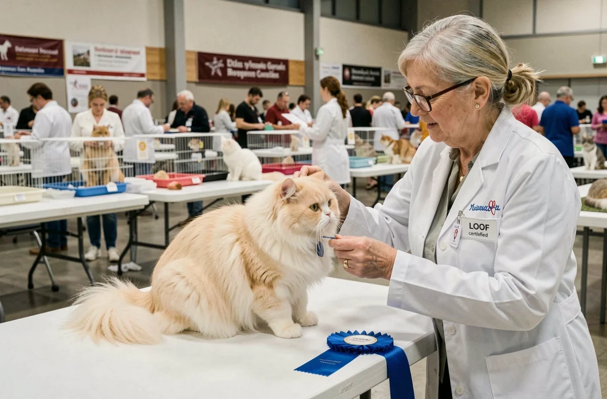 Chat Persan crème examiné par un juge LOOF lors d'une exposition féline à Bordeaux, rosette bleue visible sur la table, éleveurs en arrière-plan